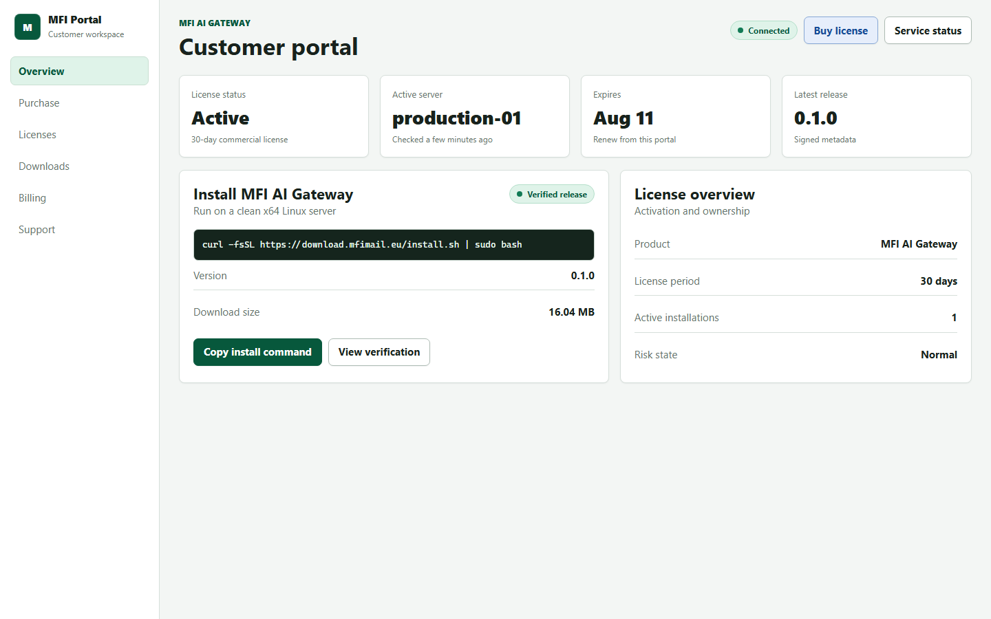 MFI AI Gateway customer portal showing license and installation status